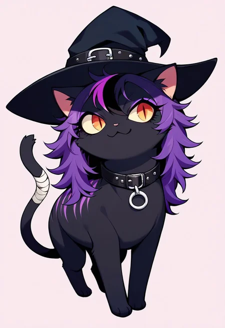 (score_9, score_8_up), score_7_up, score_6_up, (feral), 1girl, cat, furry, anthro, short, anime, solo, (witch hat), (body fur), (black body, black skin, black fur), eyelashes, eyeliner, (black hair, purple hair, streaked hair), (long hair, messy hair, wild hair), animal ears, smirk, purple stripes, slit pupils, beautiful eyes, thin tail, tail ring, punk, piercings, collar, bandages, paws, uncensored, nsfw_moe
