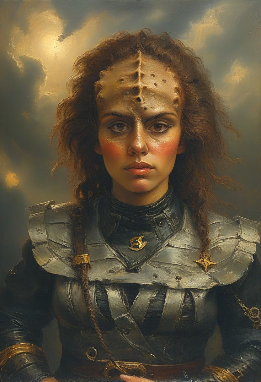 masterpiece, best quality, oil painting, illustration, style of Andreas Achenbach, portrait of a female kling0n alien pirate, forehead ridges, brown skin, nose ridges, large eyebrows