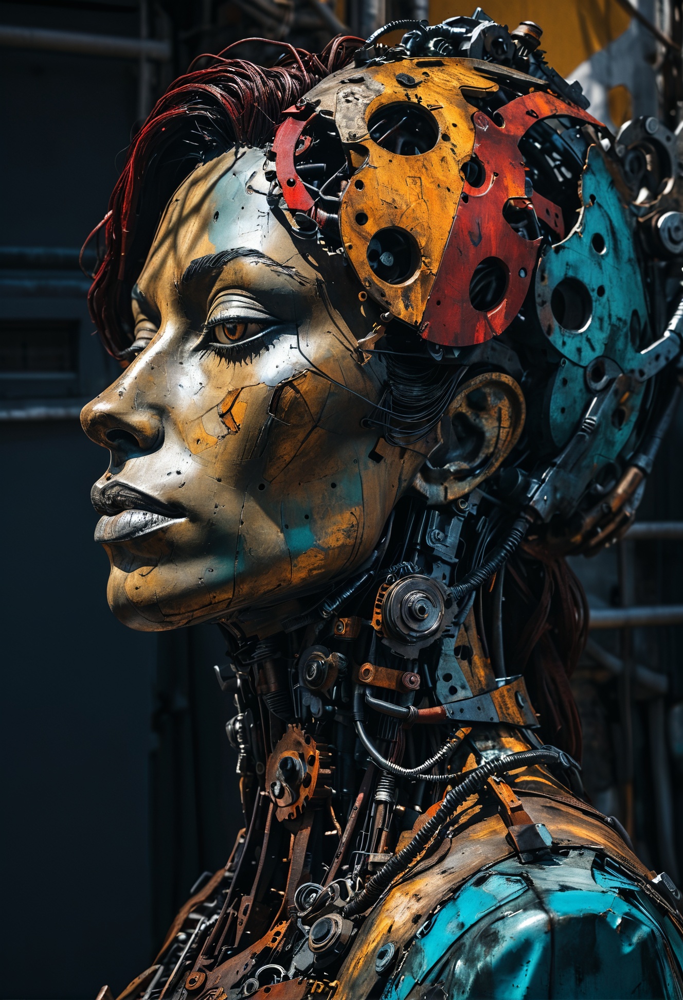 [ dappled light on a black background : (Mechanical), rich deep colors, dark and moody, a mesmerizing blend of shadows, close-up portrait of a woman by Bordalo II in downtown Lisbon, a mechanical woman. strong contrast, stark, dramatic, high contrast, masterpiece, absurdres, intricate details <lora:TQ_-_Animals_Made_Of_Ruins:0.8> : 4]