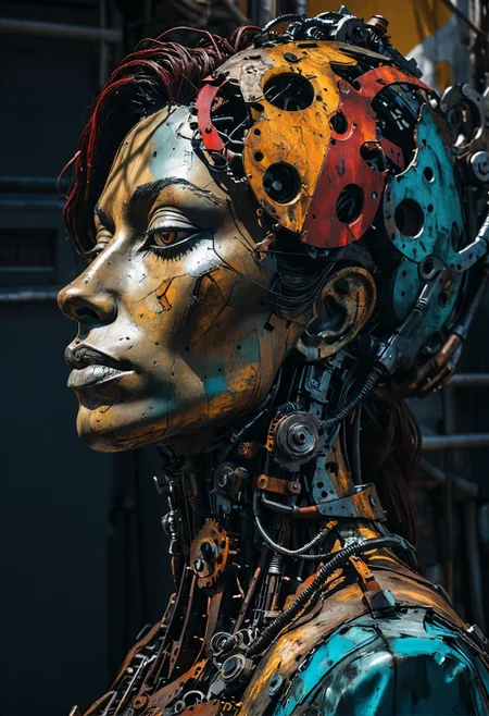 [ dappled light on a black background : (Mechanical), rich deep colors, dark and moody, a mesmerizing blend of shadows, close-up portrait of a woman by Bordalo II in downtown Lisbon, a mechanical woman. strong contrast, stark, dramatic, high contrast, masterpiece, absurdres, intricate details <lora:TQ_-_Animals_Made_Of_Ruins:0.8> : 4]