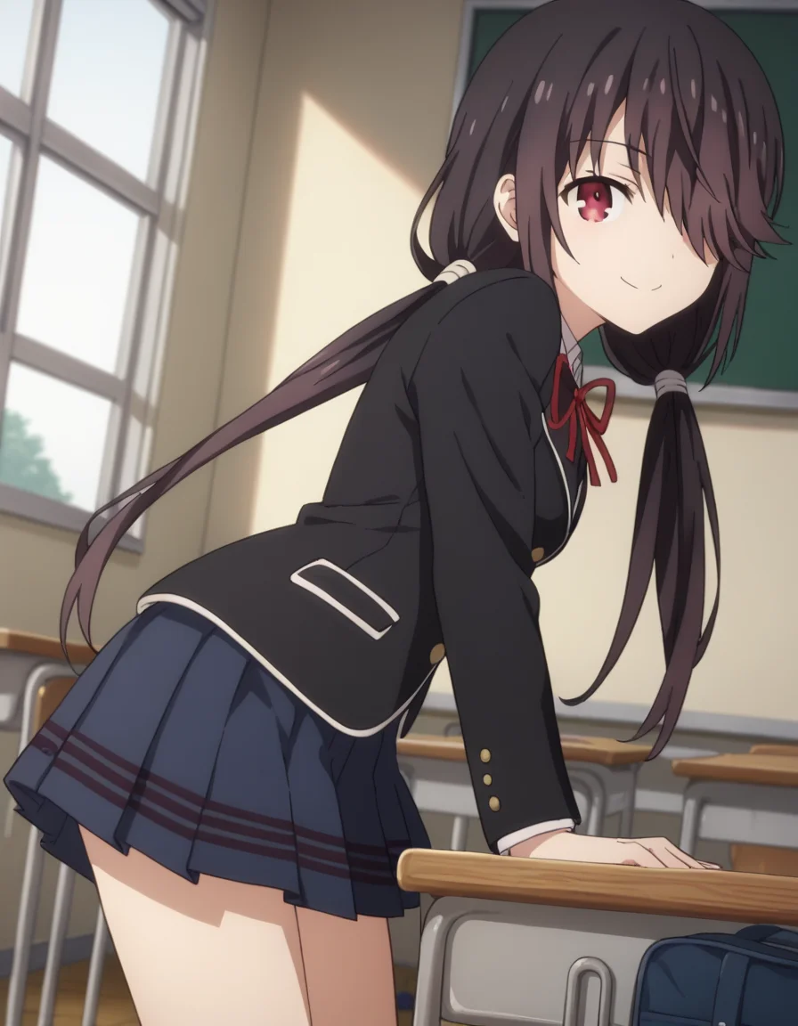score_9, score_8_up, score_7_up, source_anime,
kurumitokisaki, <lora:kurumi-tokisaki-s4s5-ponyxl-lora-nochekaiser:1>,
kurumi tokisaki, black hair, red eyes, long hair,
skirt, long sleeves, ribbon, school uniform, jacket, pleated skirt, bag, hair over one eye, blue skirt, blazer, school bag, black blazer, twintails, low twintails,
indoors, classroom, bent over, smile,
looking at viewer, solo, cowboy shot, dutch angle,