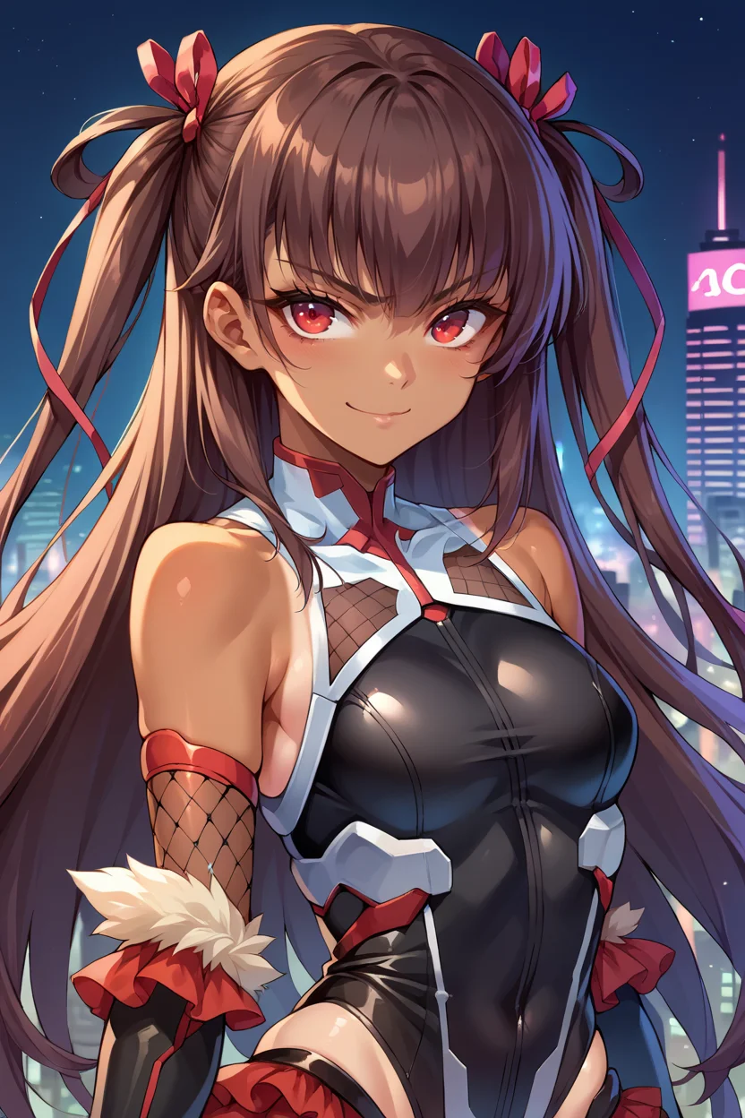 score_9, score_8_up, score_7_up, score_6_up, source_anime, 1girl, solo <lora:mizukiyukikaze-pdxl-nvwls-v1-000005:1> defyuki, tan, brown hair, red eyes, two side up, long hair, hair ribbon, black leotard, bare shoulders, detached sleeves, frilled leotard, tanlines, fishnets, elbow gloves, black thighhighs, upper body, city, night sky, cyberpunk, smirk, looking at you