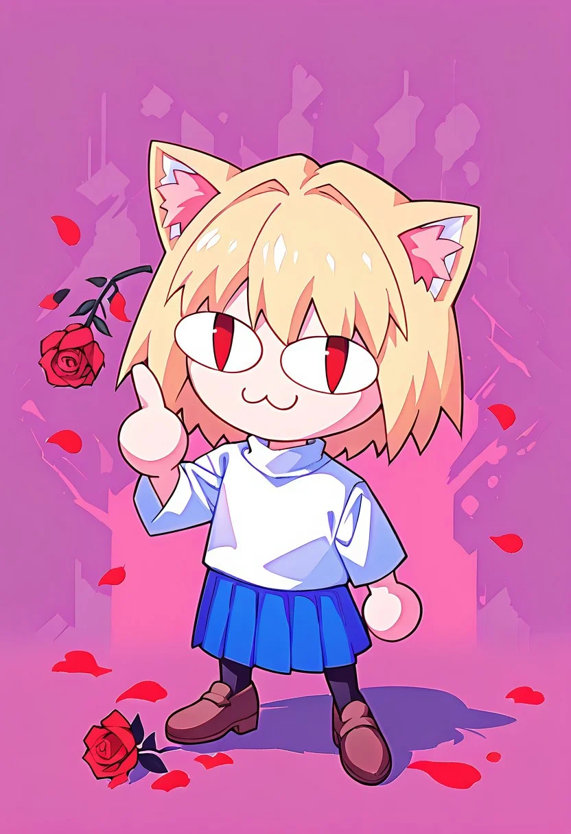 score 7 up, score 8 up, score 9 up, mesterpiece, best qualty, vibrant,
BREAK
necoarc, blonde hair, red eyes, slit pupils, cat ears, :3, chibi, turtleneck, white shirt, blue skirt, pleated skirt, pantyhose, brown footwear,
BREAK
finger gun,rose,petals, dunamic pose, abstract background