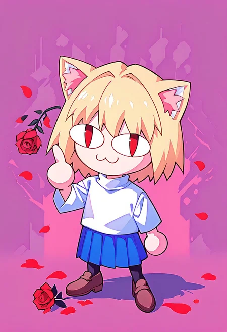 score 7 up, score 8 up, score 9 up, mesterpiece, best qualty, vibrant,
BREAK
necoarc, blonde hair, red eyes, slit pupils, cat ears, :3, chibi, turtleneck, white shirt, blue skirt, pleated skirt, pantyhose, brown footwear,
BREAK
finger gun,rose,petals, dunamic pose, abstract background