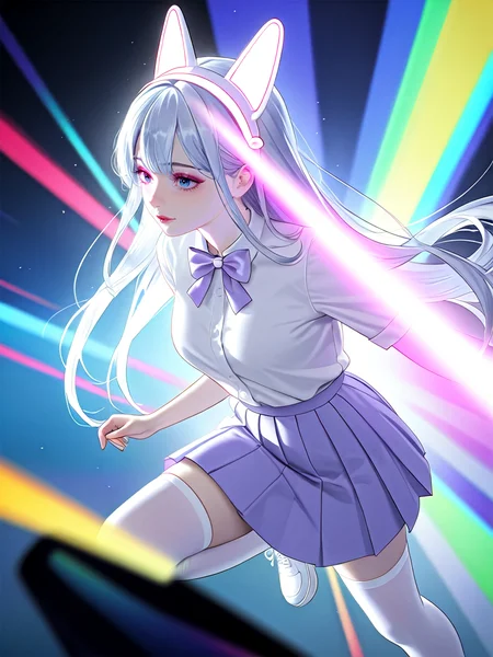 realistic, photorealistic, very aesthetic, best quality, absurdres, masterpiece, best quality, amazing quality, newest, scenery, depth of field, high-resolution, high definition, visually intense anaglyphic experience, hallucinations, editorial photography, journalistic style, candid, volumetric, candid, bow, fake animal ears, pleated skirt, thighhighs, 2girls, multiple girls, (colorful:1.2), rainbow, light particles, from above, volumetric lighting, ((adult girls:1.2)), _trippy_, realistic, photorealistic, very aesthetic, best quality, absurdres, masterpiece, best quality, amazing quality, newest, scenery, depth of field