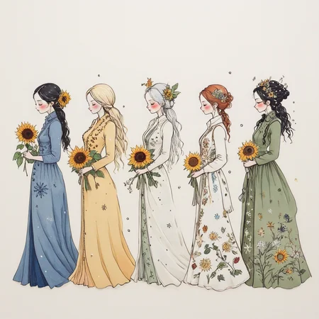 <lora:Delicate_WhimsySDXL:1> ArsMJStyle, Delicate Whimsy, four women representing the seasons, each dressed in richly detailed garments. They stand intertwined with the natural elements of their seasons spring blossoms, summer sunflowers, autumn leaves, and winter snowflakes.