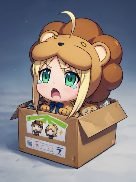 score_9, score_8_up, source_anime, masterpiece,
b0xe,in box,chibi,cardboard box,
1girl, saberLion, lion costume, chibi, blonde hair, green eyes, kawaii, tears,
<lora:saber lion test0.1:0.8> <lora:chibi_box_b0xe_v2.1:0.8>
street, dark background,