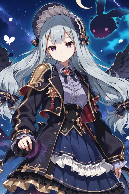score_max, (score_9, score_8_up, score_7_up:1.2), score_6_up, official art, source_anime,
, masterpiece, absurdres, high detail, 8k,
eclipse, night, starry sky,
standing, serious, black ghost,
solo, rubetti, low-tied long hair, bonnet, hat bow, hairclip, heart brooch, purple shirt, collared shirt, frilled shirt, black jacket, open jacket, long sleeves, sleeves past fingers, gold trim, single shoulder armor, black wings, blue skirt, frilled skirt
<lora:XL_Pony_gomaotsu-ruberis-t1:1.0>
