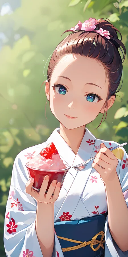 score_9, score_8_up, score_7_up,source_anime, high res image,masterpiece,best quality,girl,cute face,clear skin,shiny hair,ultra detailed eyes,simple background, <lora:kakigoori_pony_V1.0:1> kakigoori, shaved ice, holding, kimono, spoon