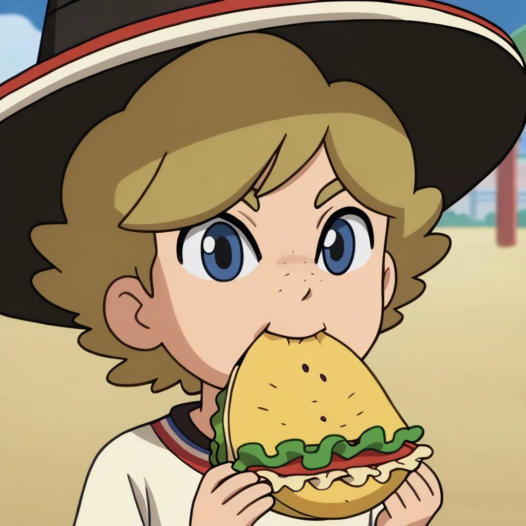 1boy, blonde hair, solo, brown hair, blue eyes, freckles, Daniel, sombrero, eating, taco,