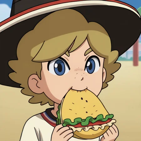 1boy, blonde hair, solo, brown hair, blue eyes, freckles, Daniel, sombrero, eating, taco,