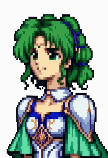 score_9, score_8_up, score_7_up, source_anime, 1girl, solo, smile,
<lora:zs_FE4PortraitsXL:1> fe4portraits, portrait, pixel art, white background
, <lora:NSLArachelFE8:1> NSLArachelFE8, green eyes, green hair, circlet, hair ornament, pauldrons, white armored dress, green capelet, detached collar