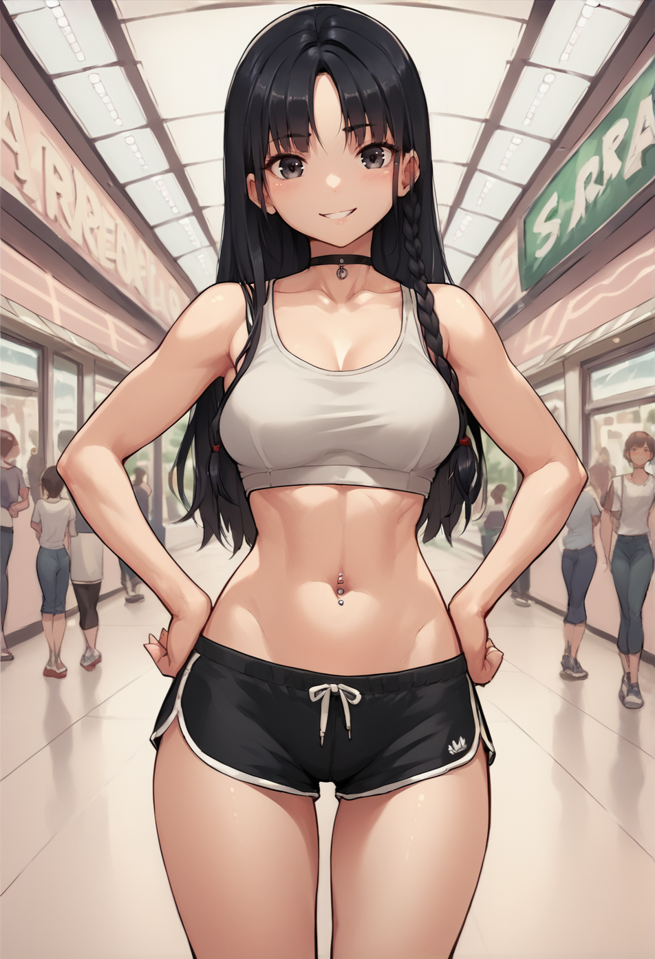 1 girl,  view from front, 
standing, hands on own hips,
looking at the viewer, smile, blush,
braid, long hair, black hair,
medium breasts, narrow waists, wide hips,
dolphin shorts, white tank top,
choker, Navel piercing,
mall, public, crew, 
  <lora:Messhi_Style_PonyXL:1> messhi style, score_9, score_8_up, score_7_up, score_6_up, score_5_up, score_4_up,