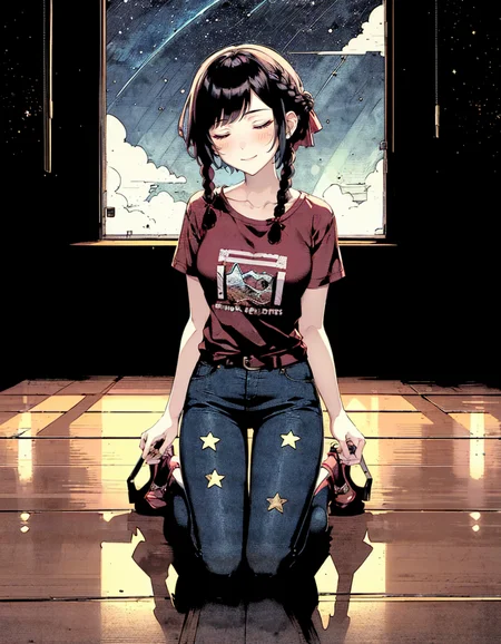 1girl, solo, wide angle, wide shot, cowboy shot, workshop, indoors, dark, kneeling, burgundy hair, very short hair, twin braids, starry print eyes, mature female, milf, red t-shirt, sky blue pants, bow footwear, small breasts, (closed eyes:1.2), smile