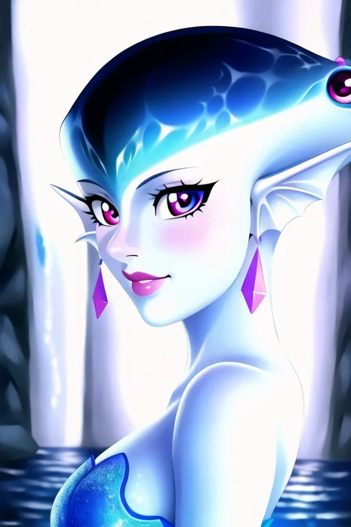 masterpiece, best quality, a portrait of princess ruto, fantasy, water, ruto, slim, breasts, realistic, blue skin, zora, 1girl, earrings, fin, fish girl, fin ears, purple eyes, solo, upper body, slim waist