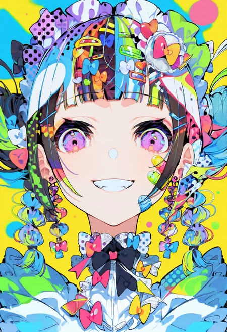 score_9, score_8_up, score_7_up, score_6_up, <lora:MikaPikaZoXL_Js2_lokr_V42310:0.95> 1girl, colorful, solo, smile, bandaid, portrait, looking at viewer, jewelry, yellow background, bow, earrings, bandaid on face, grin, multicolored hair, braid, twin braids, black bow, black hair, hair ornament, pink eyes, maid headdress, purple eyes, blunt bangs, teeth, heart, hairclip, frills, hair bow, bowtie, blue hair, polka dot bow, halftone