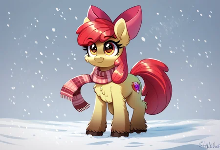 score_9, score_8_up, score_7_up, score_6_up, score_5_up, score_4_up, apple bloom, yakutian horse, mare, female, solo, unshorn fetlocks, cheek fluff, bipedal, clothes, cute, scarf, snow, adorabloom, snowfall, g4, detailed, beautiful, <lora:Snow_Ponies-000008:1>