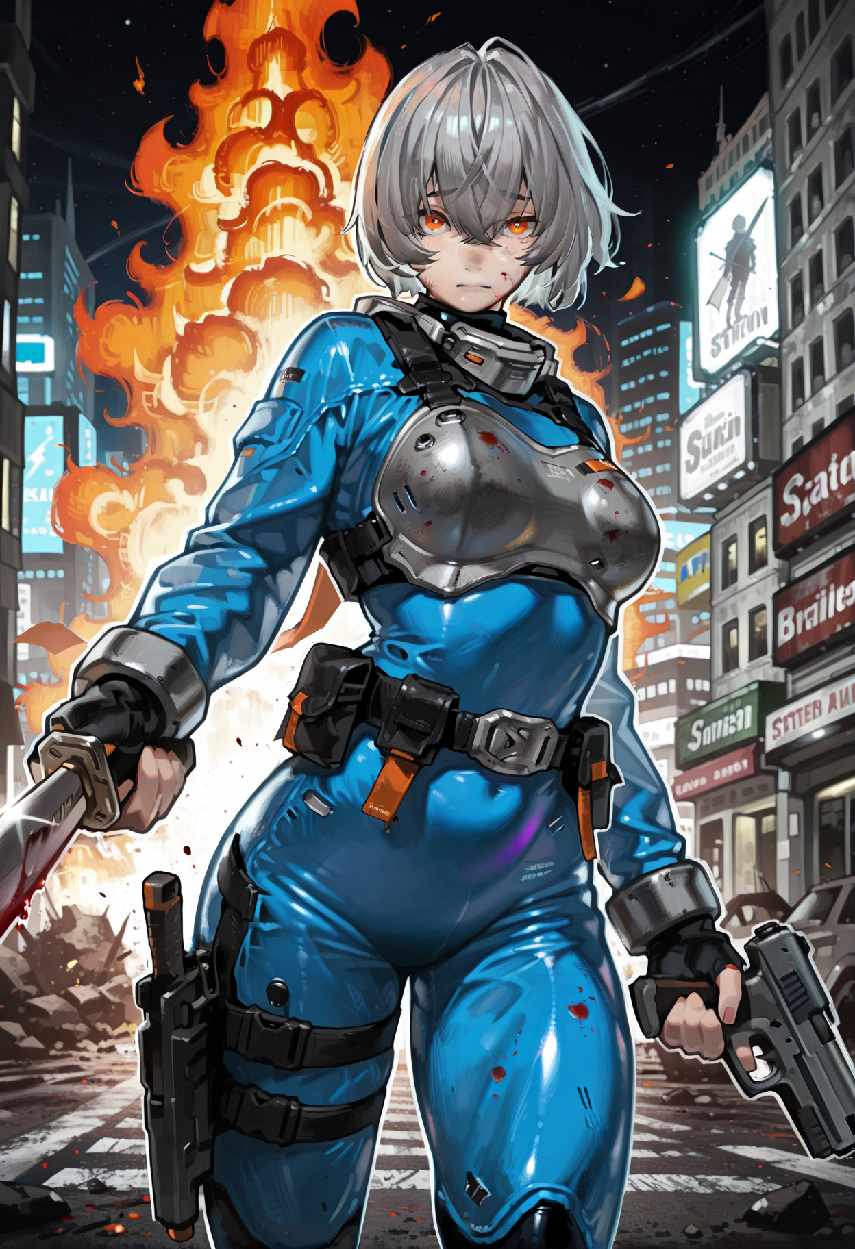 1girl, crossed bangs, long bangs, grey hair, short hair, orange eyes, small lips, raised eyebrows, medium breasts,
holding sword,holding handgun, action pose, standing,
space bodysuit, armor, breast plate,
sci fi, street, city, ruin, night, detailed background, battlefield, fire,
angry, blood on armor, blood on sword, looking at viewer,
<lora:K_o465-_styleIL:1>, ko465style,  masterpiece,best quality,amazing quality,