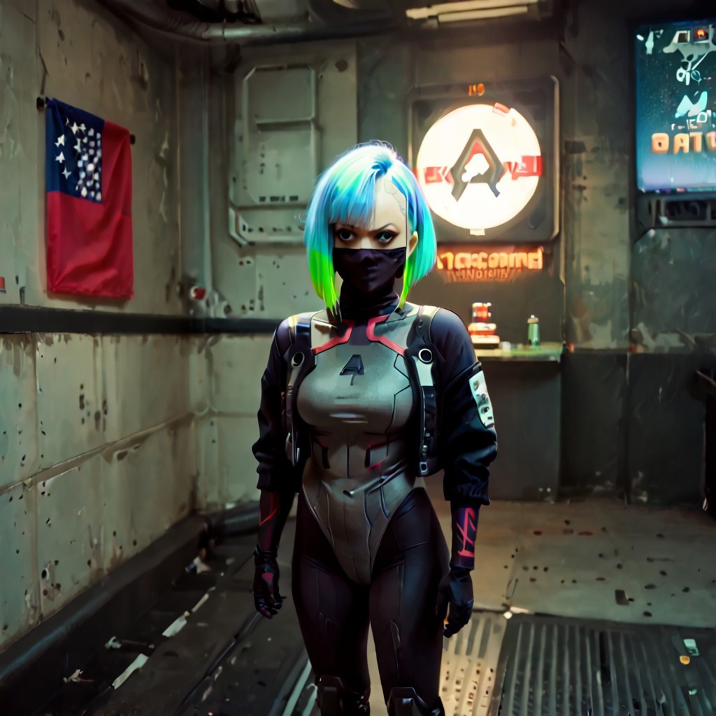 cinematic digital concept art, 
saturated colors, 
VG_SS, fake screenshot,
dhmis,
<lora:cyberpunk-lucy-s1-ponyxl-lora-nochekaiser:1>, lucy as puppet,, short hair, bangs, blue eyes, blue hair, multicolored hair, makeup, multicolored eyes, large breasts,
bare hips, bodysuit, jacket, leotard, monowire, off shoulder, off-shoulder jacket, open clothes, open jacket, skindentation,
boots
g4g, covered mouth, mouth silhoutte, star spangled banner mask, (nose)
framing device, leading lines, fast shutter, negative space,
