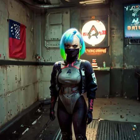 cinematic digital concept art,
saturated colors,
VG_SS, fake screenshot,
dhmis,
<lora:cyberpunk-lucy-s1-ponyxl-lora-nochekaiser:1>, lucy as puppet,, short hair, bangs, blue eyes, blue hair, multicolored hair, makeup, multicolored eyes, large breasts,
bare hips, bodysuit, jacket, leotard, monowire, off shoulder, off-shoulder jacket, open clothes, open jacket, skindentation,
boots
g4g, covered mouth, mouth silhoutte, star spangled banner mask, (nose)
framing device, leading lines, fast shutter, negative space,