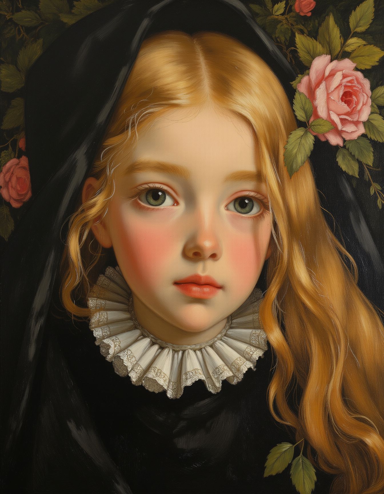 masterpiece, high quality, Oil Painting, The youngest was so beautiful that the sun itself, which has seen so much, was astonished whenever it shone in her face. Blond hair, blue eyes, and pale white skin. Gothic overtones, brush strokes, warm light, magic, extremely coherent, cute, beautiful, cinematic, stunning, creative, positive, cheerful, unique, cool, inspiring, pure, rational, very inspirational, friendly, thought, glowing, magical, perfect, intricate, wonderful, lovely, novuschroma, del1cate_balance style, in the style of Rembrandt. FS, vantablack <lora:style_of_Rembrandt_FLUX_135:.8> <lora:- Flux1 - vanta_black_V2.0:.4> <lora:Delicate_Balance:.3> <lora:neeeg_f1:-1> <lora:113_novuschromaFLX_1:.2> <lora:Former_Splendor:.6> <lora:Midjourney_Whisper_Minimal:.4>