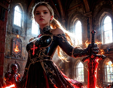 score_9, score_8_up, score_7_up, (realistic), photorealistic, 8k, upper body shot, giant crucifix sword focus, combat pose, ((dynamic pose)), Evil rococo woman, wearing a silver and black Regency dress, long blond dove ponytail, (wielding a sword), (the sword as silver and black mystical holy energy), rococo style, long blond pony tail, hyper stylize, trending on art station, diagonal shot, film grain, midnight, high definition, best quality masterpiece, dynamic angle, best quality, highres, HDR, ultra-detailed, extremely detailed CG unity 8k wallpaper, perfect artwork, hkstyle, <lora:FantasyKnightsV4:1>, sunrise, god rays, <lora:GodRays:0.8>, extremely detailed, hyperdetailed art, high resolution, highly detailed, masterpiece, <lora:cfg_scale_boost:0.7>