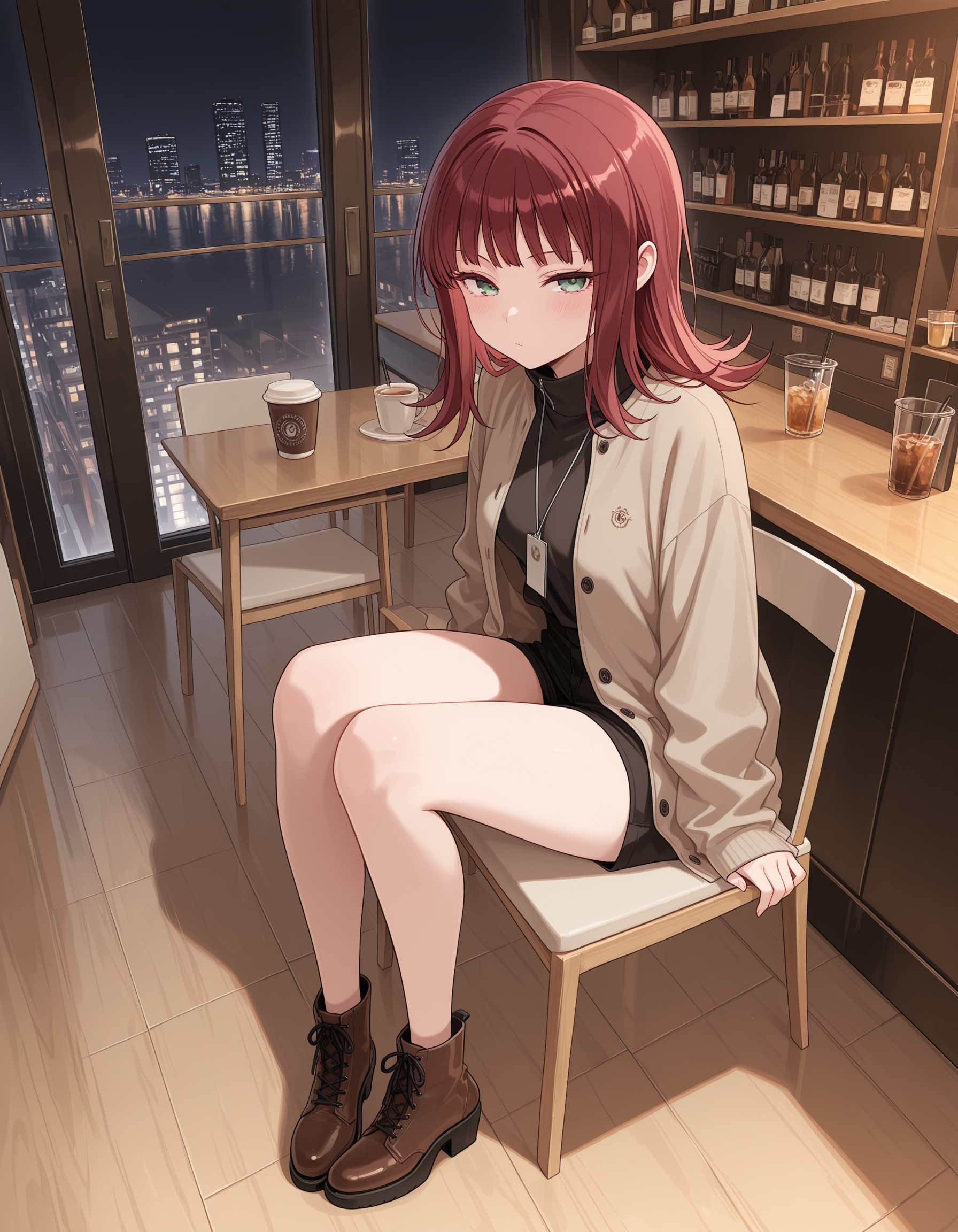 <lora:midis_KatoriYouko_V1[IL]:1>, katori youko, full body, sitting at a cafe,, masterpiece,best quality, very aesthetic,absurdres,newest,