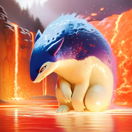 score_9, score_8_up, score_8,
BREAK,
teru sakura, typhlosion, fire, closed mouth, outdoors, day, blurry, full body, lava,
zPDXL,