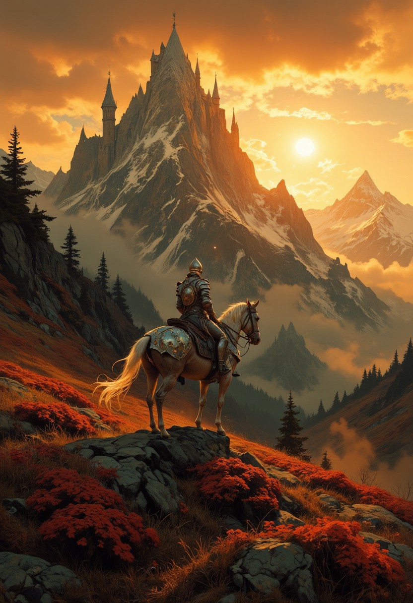 8k high quality digital painting , masterpiece, very detailed, ultra realistic, (best quality) very detailed epic masterpiece, 
unearthly beautiful, a breathtakingly beautiful landscape in the French Alps, in the foreground a shiny knight on his horse watches a beaqutiful castle in the distance, the low yellow-red sun casts long shadows, enchanting landscape, fairytale-like, calm mood, flowers in the foreground, realistic