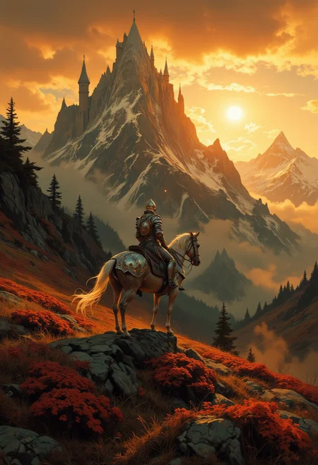 8k high quality digital painting , masterpiece, very detailed, ultra realistic, (best quality) very detailed epic masterpiece, 
unearthly beautiful, a breathtakingly beautiful landscape in the French Alps, in the foreground a shiny knight on his horse watches a beaqutiful castle in the distance, the low yellow-red sun casts long shadows, enchanting landscape, fairytale-like, calm mood, flowers in the foreground, realistic