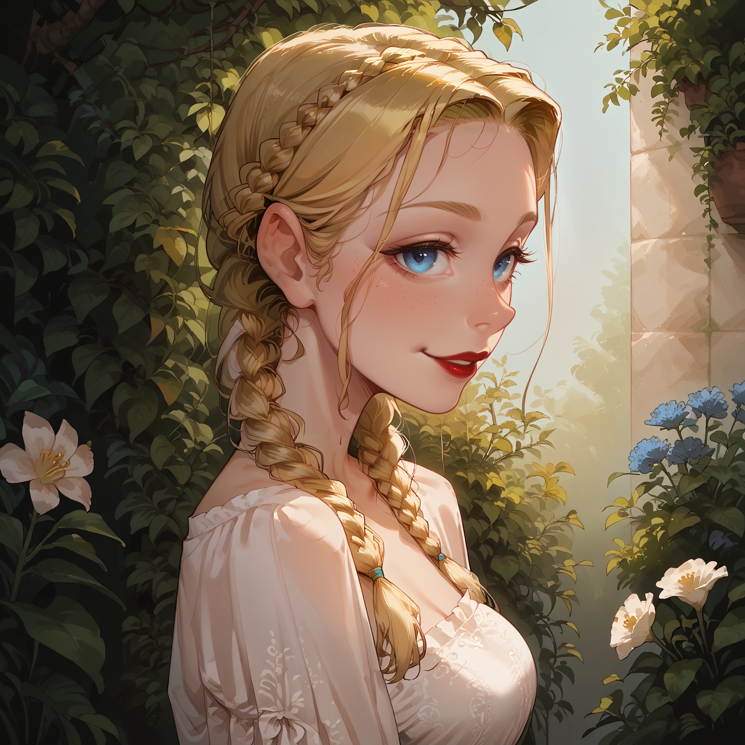 score_9, score_8_up, score_8, score_7_up,score_7, source_anime, rating_explicit, hires, (detailed,best quality:1.2),(<lora:Expressive_H:0.3>), (<lora:JGStyle:0.5>),(<lora:incase-ilff-v3-4:0.7>), 1girl, (skinny:1.3), narrow waist, thin, slender,(<lora:oppai_v0.1-pony:0.8>) , medium breasts, <lora:French_Braids:0.9>, frbraids,  , blonde hair, blue eyes, portrait, french braid, long hair, hair flower, lace, smile, neat hair, exquisite dress, <lora:Looking_over_shoulder:0.8> , ovrshldr, from side, looking over shoulder, green garden, flower petals, expresssive light, cinematic