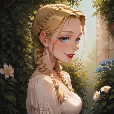 score_9, score_8_up, score_8, score_7_up,score_7, source_anime, rating_explicit, hires, (detailed,best quality:1.2),(<lora:Expressive_H:0.3>), (<lora:JGStyle:0.5>),(<lora:incase-ilff-v3-4:0.7>), 1girl, (skinny:1.3), narrow waist, thin, slender,(<lora:oppai_v0.1-pony:0.8>) , medium breasts, <lora:French_Braids:0.9>, frbraids, , blonde hair, blue eyes, portrait, french braid, long hair, hair flower, lace, smile, neat hair, exquisite dress, <lora:Looking_over_shoulder:0.8> , ovrshldr, from side, looking over shoulder, green garden, flower petals, expresssive light, cinematic