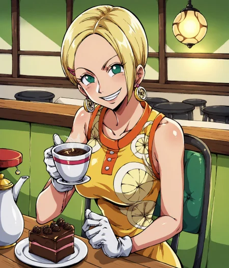 score_9,score_8_up,score_7_up,score_6_up,score_5_up,score_4_up BREAK
(1girl,solo:1.2),Mikita,blonde hair,green eyes,miniskirt,short hair,sleeveless,orange yellow dress,earrings,pink hairclip,white gloves,<lora:Mikita101064v2_ponyDV6> BREAK
cowboy_shot,holding teacup,light smile,(restaurant:1.1),sitting chair,table,tea pot,chocolate cake plate on table,looking at viewer,