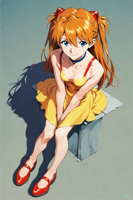 score_9,score_8_up,score_7_up,masterpiece,best quality,
Sadamoto Yoshiyuki Style,
1girl,souryuu asuka langley,yellow dress,dress,solo,shadow,long hair,blue eyes,breasts,gradient,orange hair,gradient background,smile,choker,sitting,shoes,bangs,full body,cleavage,looking at viewer,small breasts,bare shoulders,from above,two side up,yellow background,v arms,light smile,sleeveless,hair ornament,closed mouth,sleeveless dress,
<lora:super lora_flyx3_XL_PONY:0.8>,