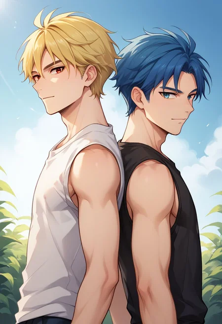 score_9, score_8_up, source_anime, highly detailed,
score_9, score_8_up, source_anime, highly detailed, multiple boys, 2boys, blonde hair, blue hair, blue eyes, male focus, t-shirt, sleeveless, red eyes, back-to-back,
outdoor,
