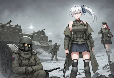Best quality,ultra Hd, war zone ambience,short skirt,source anime, hammer and sickle cross symbol on red flag,game CG,battle style thigh high sock, smooth skin, soft medium round breast,glowing body,nice blue eye,long light white hair girl,side ponytail with ribbon, black & white elegant Soviet army winter outfit, outdoor,bare shoulder,waifu material, very sour face, hand hold SVD riffle , lawfull good tsundere girl,  serious vibes, she with upset face with  position to fire ,pointing gun at enemy,arctic cycle front,under heavy enemy concentrate fire, Trench 
with barbwire background,bottle of Vodka,sit on Trench with return fire,bullet casing, Blizzard ,pout face,cold looking eye, group of Ally soldier support  her  with fire from armored personal carrier turret gun,trenches warfare,T 34 tank with red flag fighting armored train mortar