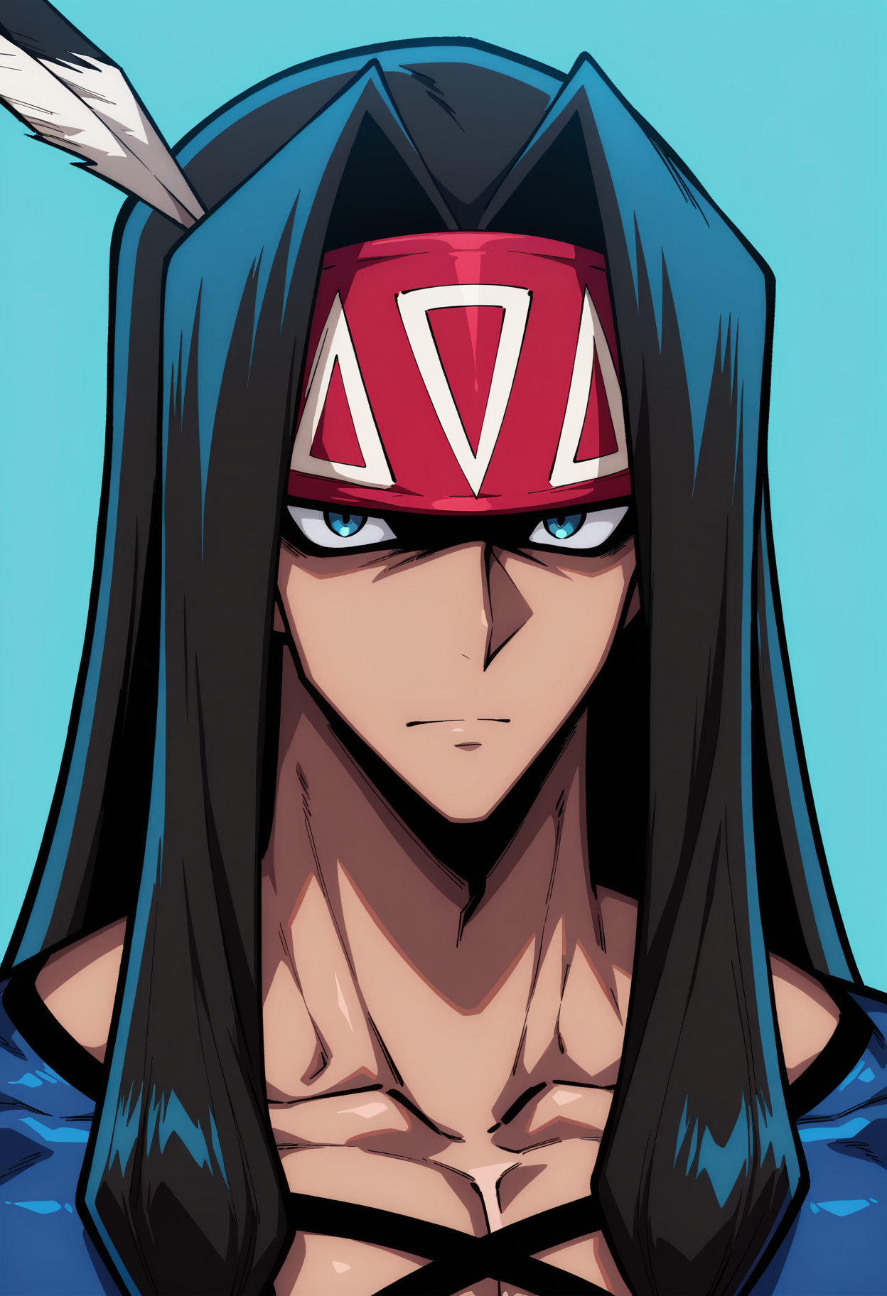 masterpiece, best quality, newest, absurdres, highres, very detailed,
muscular male, 
 close-up, looking at viewer, simple background, collarbone,<lora:[Char - IL] Shaman King - Silva (v1-E18):1> silva_sk21, black hair, blue eyes, very long hair, blue vest, skin tight, native american, red headband,
