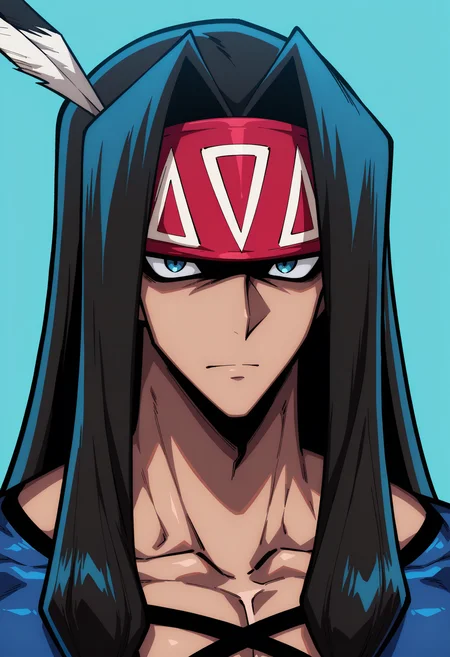 masterpiece, best quality, newest, absurdres, highres, very detailed,
muscular male, 
 close-up, looking at viewer, simple background, collarbone,<lora:[Char - IL] Shaman King - Silva (v1-E18):1> silva_sk21, black hair, blue eyes, very long hair, blue vest, skin tight, native american, red headband,