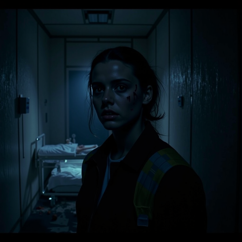 horror-themed concept art Dark Fantasy Art, <lora:Final Girls V2:0.6> final_gs, Inside a derelict asylum, the final girl faces the camera defiantly, a flashlight taped to her shoulder, eyes fierce despite exhaustion. Her jacket is torn, and behind her looms a broken gurney and flickering hallway light. Captured on Hi8 camcorder, blue-tinted night vision grain, jittery shadows, and analog color noise give it the feeling of found footage horror meets psychological survival. Unnerving, raw, and claustrophobic., dark, moody, dark fantasy style . digital artwork, illustrative, painterly, matte painting, highly detailed . eerie, unsettling, dark, spooky, suspenseful, grim, highly detailed