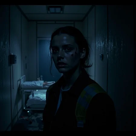 horror-themed concept art Dark Fantasy Art, <lora:Final Girls V2:0.6> final_gs, Inside a derelict asylum, the final girl faces the camera defiantly, a flashlight taped to her shoulder, eyes fierce despite exhaustion. Her jacket is torn, and behind her looms a broken gurney and flickering hallway light. Captured on Hi8 camcorder, blue-tinted night vision grain, jittery shadows, and analog color noise give it the feeling of found footage horror meets psychological survival. Unnerving, raw, and claustrophobic., dark, moody, dark fantasy style . digital artwork, illustrative, painterly, matte painting, highly detailed . eerie, unsettling, dark, spooky, suspenseful, grim, highly detailed