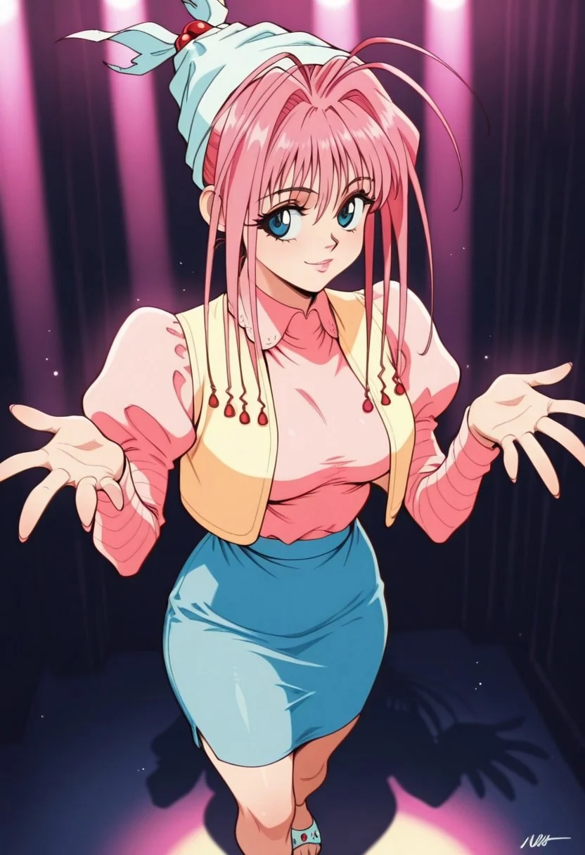 NeonNostradeHxH, 1girl, solo, pink hair, hair ornament, bangs, white head scarf, long hair, antenna hair, large blue eyes, lips,  pink shirt, long puffy sleeves, yellow vest, large breast, long blue skirt, slippers,
,seductive pose, sexy pose, tease, 
masterpiece, best quality, fine details, intricate details, depth of field, subsurface scattering, bokeh,
 ultra-detailed, very aesthetic, detailed background, newest, scenery, highres, absurdres, colorful, vibrant, glowing, perfect face, 2d, perfect eyes,  vibrant saturated colors, volumetric lighting, sharp, detailed eyes, perfect anatomy,  perfect face, perfect eyes, mature body, clear eyes, beautiful eyes, athletic, curvy body, athletic girl, perky tits, perfect tits, round breasts, pinup pose, teasing, lustful expression, perfect hands, 
muscular female, dutch angle, 
,Smooth Negative, Smooth_Quality,
90s_anime_aesthetic, 1990s (style), retro, retro artstyle