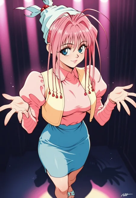 NeonNostradeHxH, 1girl, solo, pink hair, hair ornament, bangs, white head scarf, long hair, antenna hair, large blue eyes, lips, pink shirt, long puffy sleeves, yellow vest, large breast, long blue skirt, slippers,
,seductive pose, sexy pose, tease,
masterpiece, best quality, fine details, intricate details, depth of field, subsurface scattering, bokeh,
ultra-detailed, very aesthetic, detailed background, newest, scenery, highres, absurdres, colorful, vibrant, glowing, perfect face, 2d, perfect eyes, vibrant saturated colors, volumetric lighting, sharp, detailed eyes, perfect anatomy, perfect face, perfect eyes, mature body, clear eyes, beautiful eyes, athletic, curvy body, athletic girl, perky tits, perfect tits, round breasts, pinup pose, teasing, lustful expression, perfect hands,
muscular female, dutch angle,
,Smooth Negative, Smooth_Quality,
90s_anime_aesthetic, 1990s (style), retro, retro artstyle