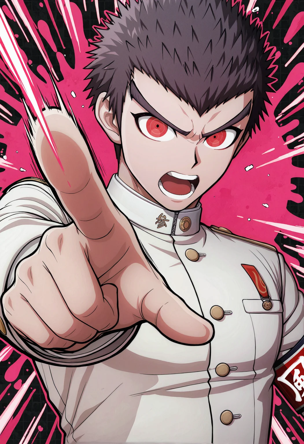artist:, masterpiece, best quality, newest, absurdres, highres, very awa, 1boy, male, male focus, bara, ishimaru kiyotaka, upper body, pointing at viewer, looking at viewer, (foreshortening:1.1), splatter background, pink, abstract, simple background, official art, danganronpa \(series\), eye trail, open mouth, motion lines, emphasis lines, attack trail
