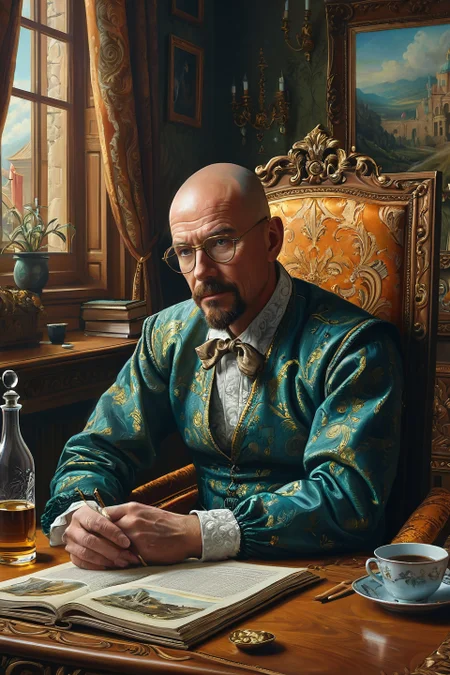 Baroque, Baroque, landscape,creator landscape, "a portrait of walter white, art by lois van baarle and loish and ross tran and rossdraws and sam yang and samdoesarts and artgerm and saruei and disney, digital art, highly detailed, intricate, sharp focus, trending on artstation hq, deviantart, unreal engine 5, 4 k uhd image",
<lora:clear:0.15> style of Michael Cheval.
<lora:greg_rutkowski_xl_2:0.3> greg rutkowski,
 clear <lora:tbh129-sdxl:0.3>,
<lora:extremely_detailed:0.7> extremely detailed ,
<lora:add-detail-xl:0.7>,, Fantasy painting art style, imaginative, dynamic composition, professional-grade execution, creates immersive world and landscape, painterly, epic, magical, dramatic, exuberant, grandeur, baroque art, oil painting art style from Renaissance period, masterful composition, Renaissance mood, renaissance oil painting, brush strokes, dramatic, exuberant, grandeur, baroque art