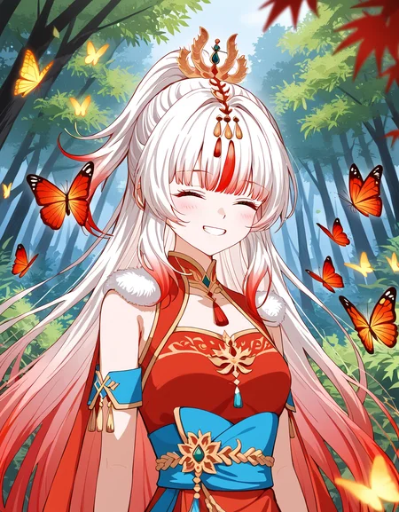 <lora:Feng_Xueer:0.9>, (masterpiece), (best quality), (ultra-detailed), absurdres, very aesthetic, illustration, feng_xuer, 1 girl, beautiful face, hair ornament, multicolored hair, streaked hair, white hair, red hair, long hair, closed eyes, red dress, smiling, teeth, in a forest, butterflies, light through leaves