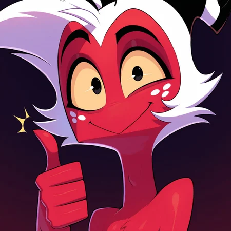 masterpiece, best quality, good anatomy, detailed face, detailed eyes,
solo, 1boy, moxxie \(helluva boss\), demon, red body, white hair, upper-body portrait, face focus, smile, thumbs up,