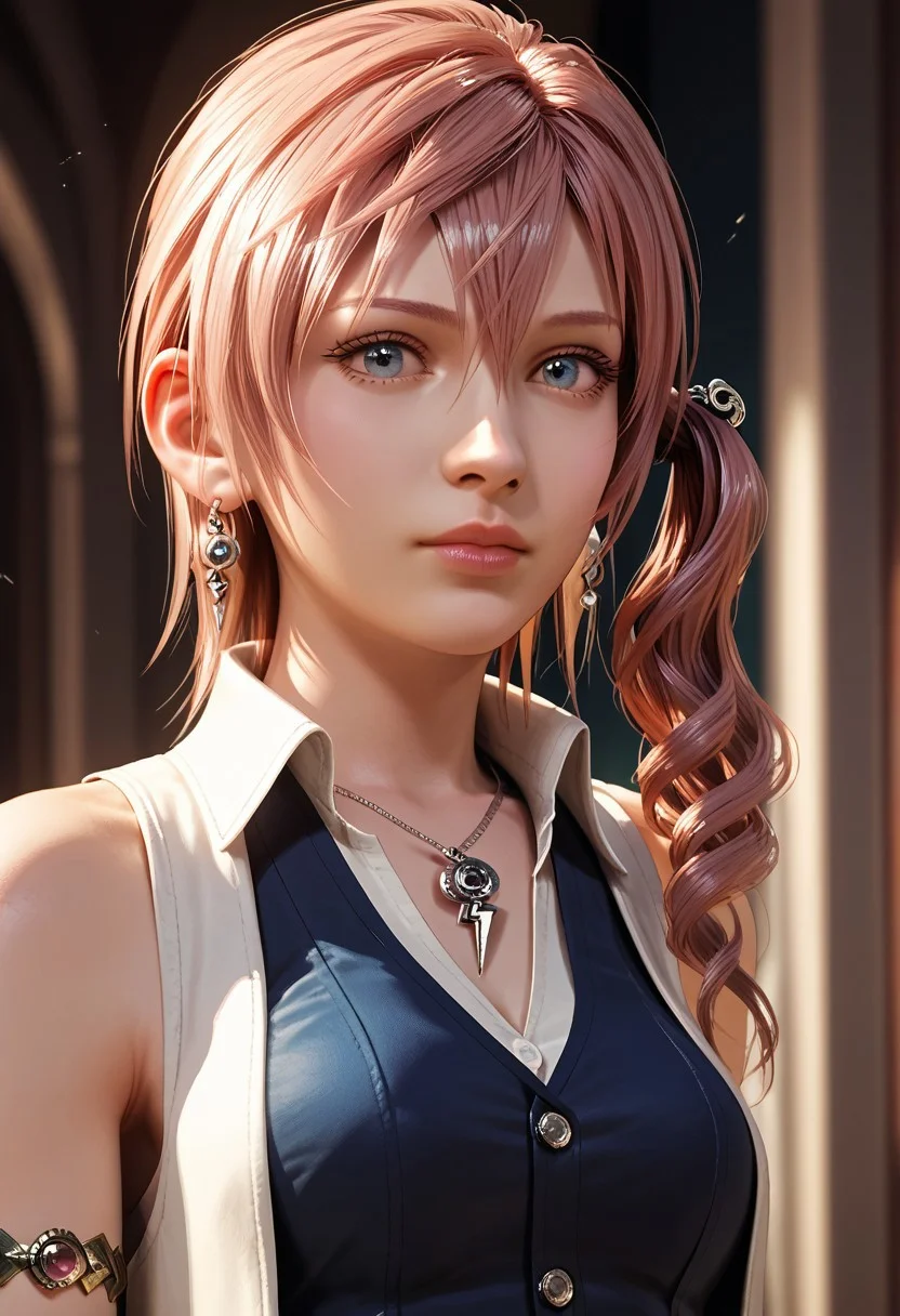 score_9,score_8_up,score_7_up,source_anime, Serah Farron,1girl,solo,jewelry,upper body,earrings,sleeveless,necklace,side ponytail,lips,armlet,realistic,lightning farron,