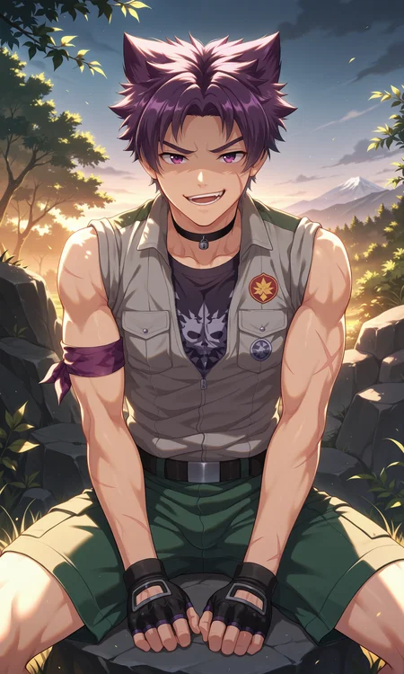 1boy, Yoichi, (young boy:0.4), male focus, biceps, slim, purple hair, purple eyes, solo, male focus, open mouth, looking at viewer, smirk, teeth, belt, belt buckle, pectorals, scar on hand, scar on cheek, grey jacket, t-shirt, bare shoulders, sleeveless, green shorts, black_gloves, armband, black choker, (lock pendant:0.5), fingerless_gloves, shaded, short sleeves, sitting, on rock, in the backyard of the scout camp, outdoors, (masterpiece:1.35), (very aesthetic, best quality:1.3), detailed shading, detailed skin, realistic shading, highly detailed, intricate details, masterful composition, cinematic lighting, close-up, <lora:Yoichi_XL_V10_ILL:1>