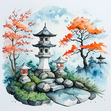 <lora:Expressive_Watercolor_Ink_washSDXL:1> ArsMJStyle, Expressive Watercolor Ink Wash, The image is a watercolor painting of a Japanese pagoda in a garden. The pagoda is a tall white tower with a pointed roof and multiple levels standing on a rocky base with two small lanterns on top. The tower is surrounded by lush greenery and trees with orange and red leaves. The background is a light blue sky with white clouds. The painting is done in a loose watercolor style with soft pastel colors. The overall mood of the image is peaceful and serene., no humans, tree, scenery, traditional media, grass, painting (medium), watercolor (medium), rock, outdoors, stone lantern