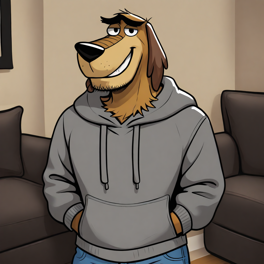 high quality, detailed, source_furry, male, solo male, Dukey, 1boy, broad shoulders, mature male, black eyes, athletic build, animal ears, canine, stubble, anthro, anthro male, tan body, bottom heavy, floppy ears, long snout, light tan underbelly, grinning, looking at viewer, hands in front pocket, gray hoodie, blue jeans, half-body shot, living room, high quality